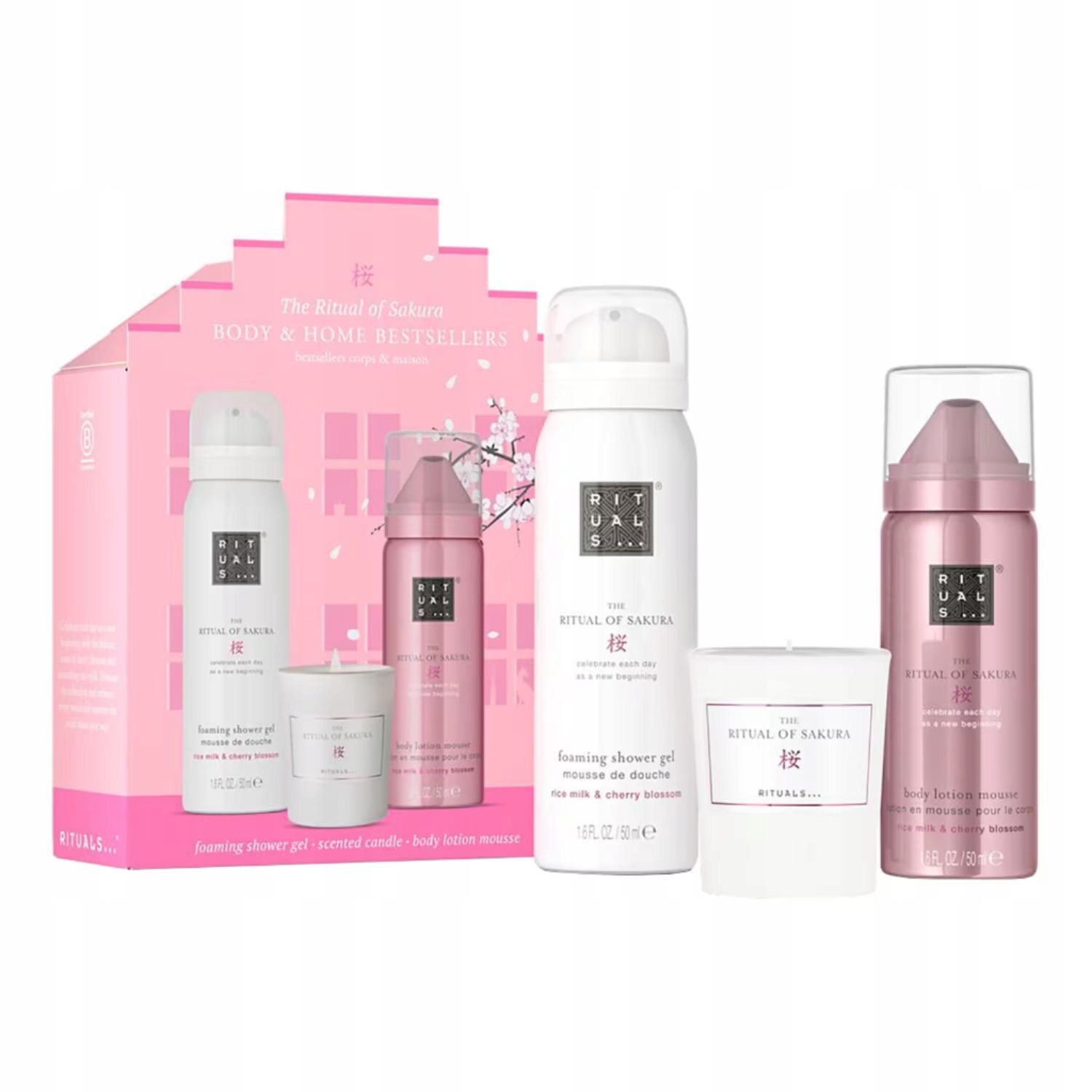 Компактний набір The Ritual of Sakura Body & Home Bestsellers від Rituals (свічка/гель для душа/мус для тіла)